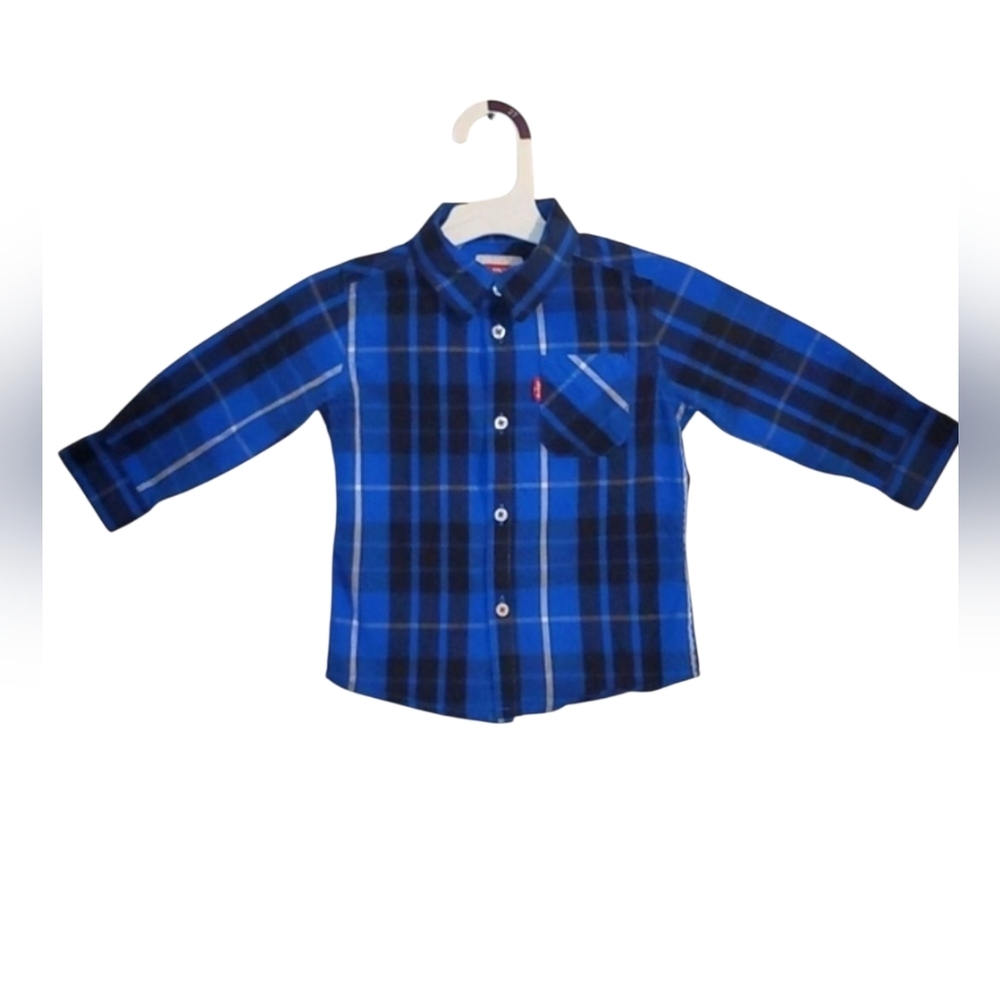 Levi's Plaid, Long Sleeve, Button Front Shirt. Baby Boy 12m Blue